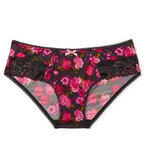 Low rise hip hugger style w/fabric Satiny microfiber & black floral lace trim